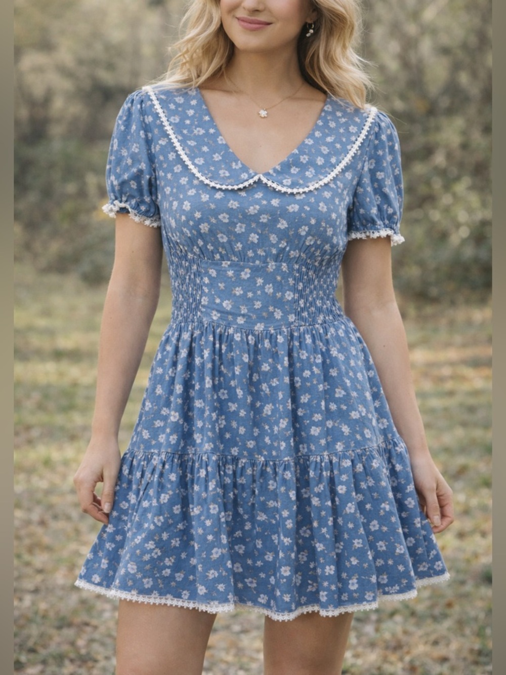 Altar’d State Blue Floral Babydoll Dress Lace Collar Cottagecore NWT M
